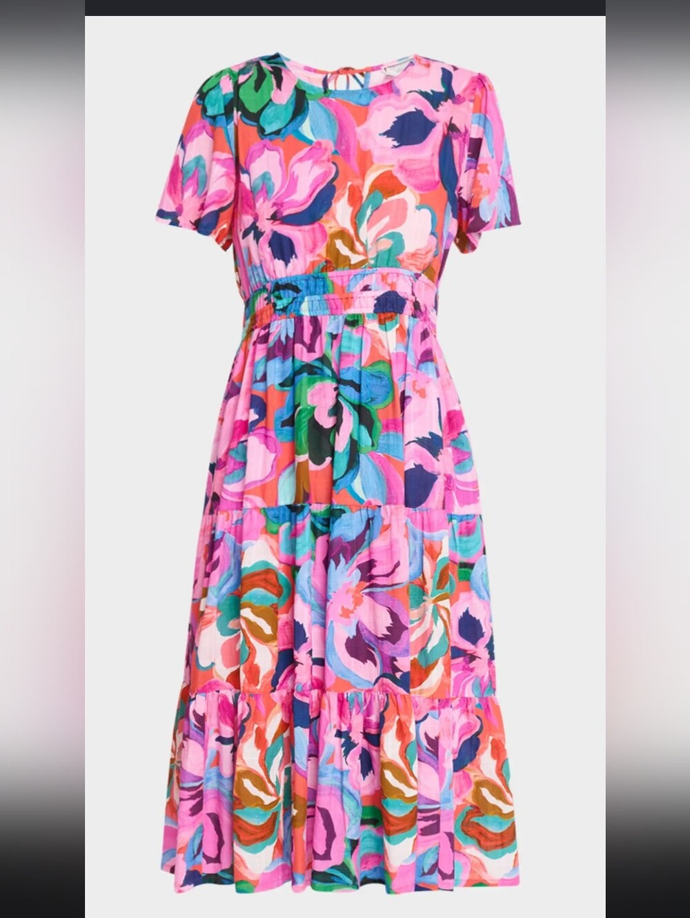 Johnny Was Linen Blend Multicolor Floral Tiered Midi Dress Pocket Slip NWOT